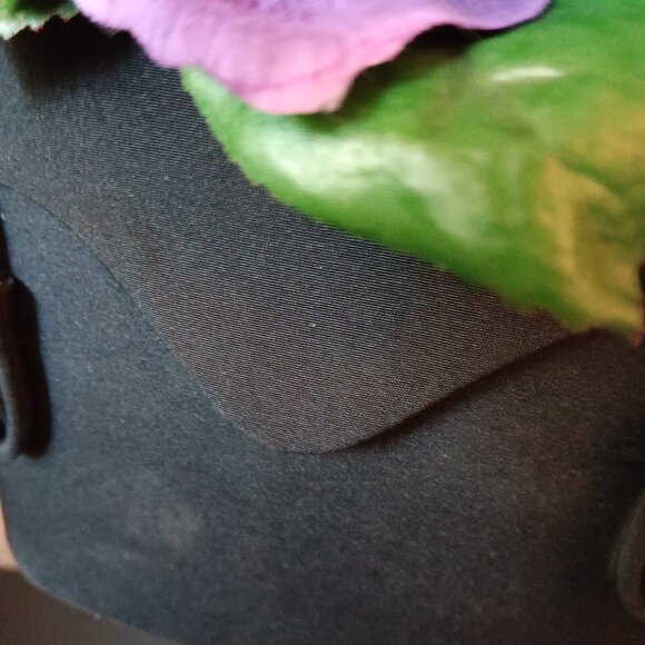 Women's Black  Bucket Bag with Purple Fabric Flowers on Top - Picture 4 of 14